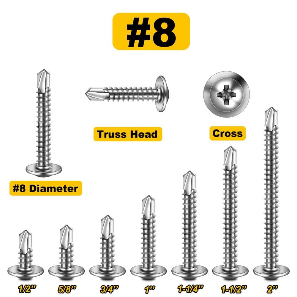 #8 x 1/2 in. – 2 in. Self-Tapping Phillips Truss Head Screws, 410 Stainless Steel, 155-Piece Assortment Kit - Hercitys