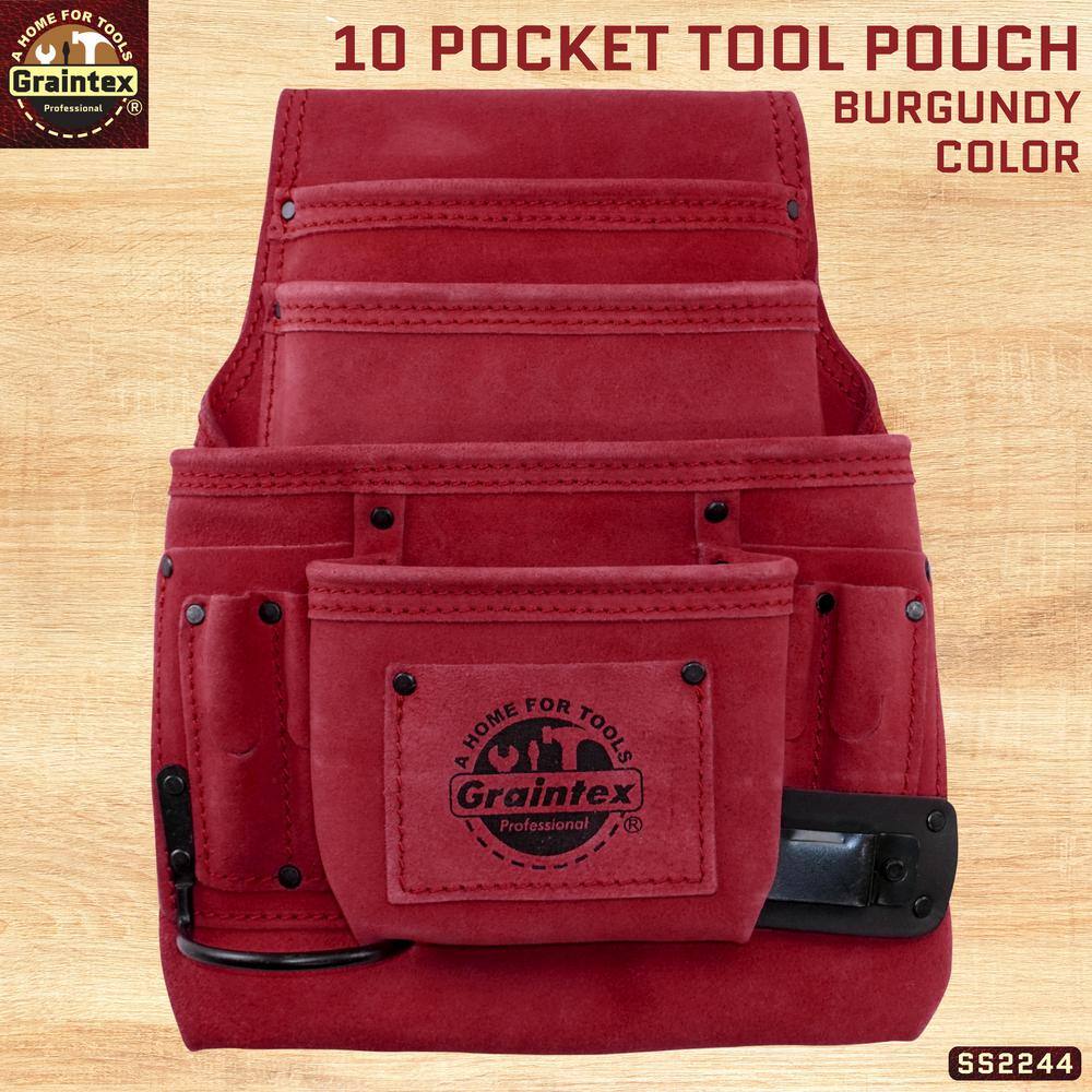 10-Pocket Suede Leather Nail and Tool Pouch in Burgundy w/2 Hammer Holders - Hercitys