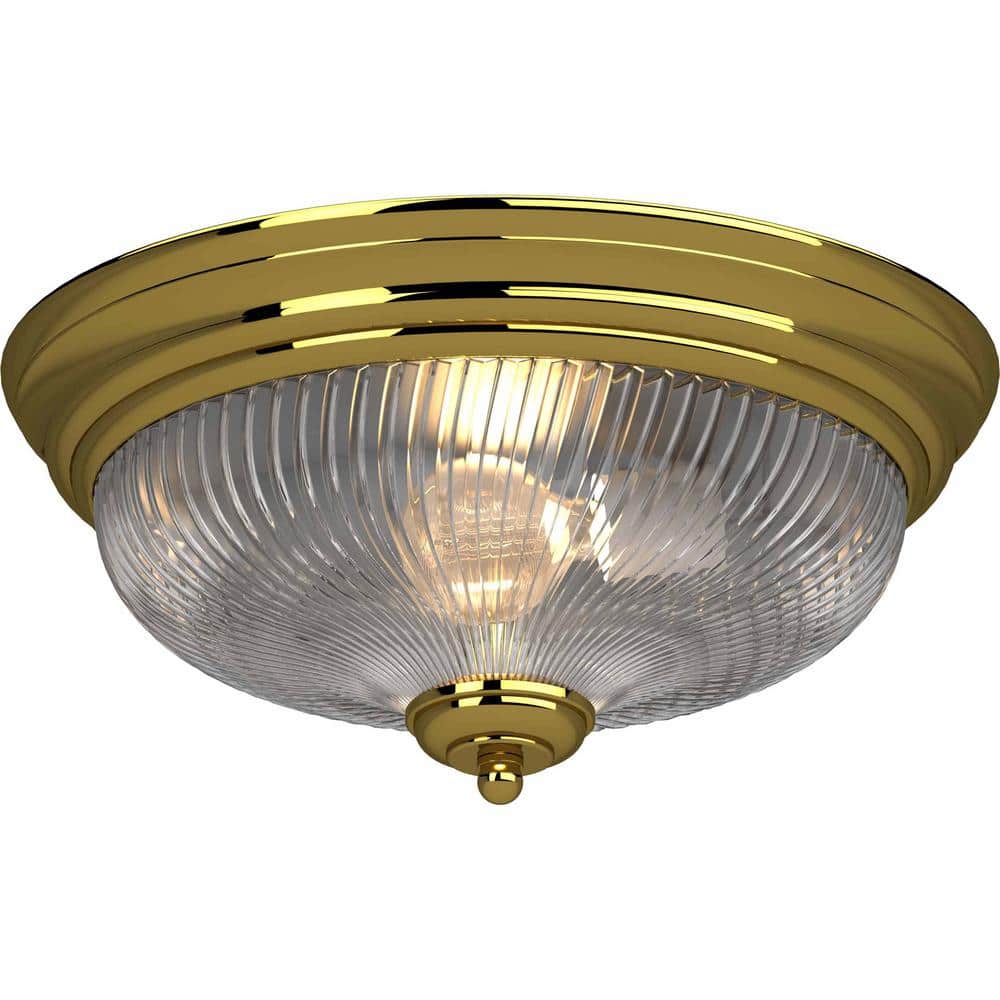 15 in. 3-Light Polished Brass Indoor Flush Mount with Clear Ribbed Glass Bowl - Hercitys