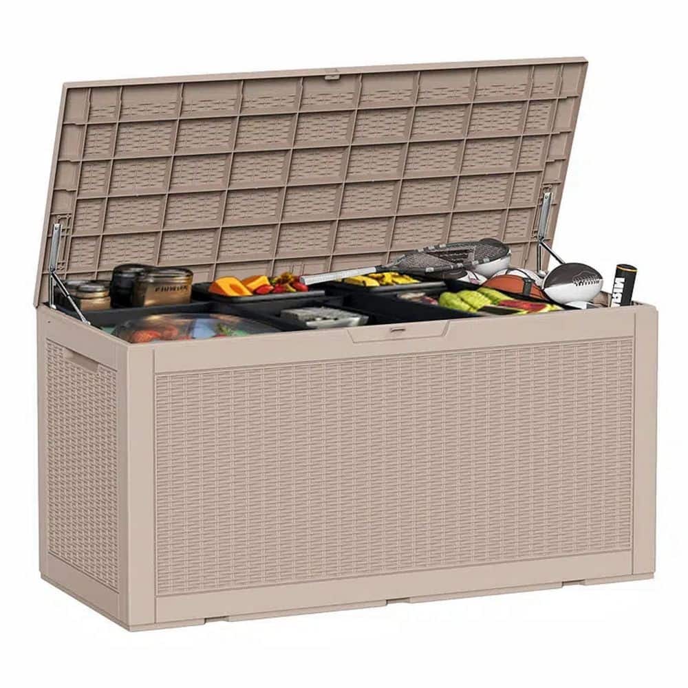 100 Gal. Large Plastic Rattan Deck Box with Gas Pressure Spring in khaki - Hercitys