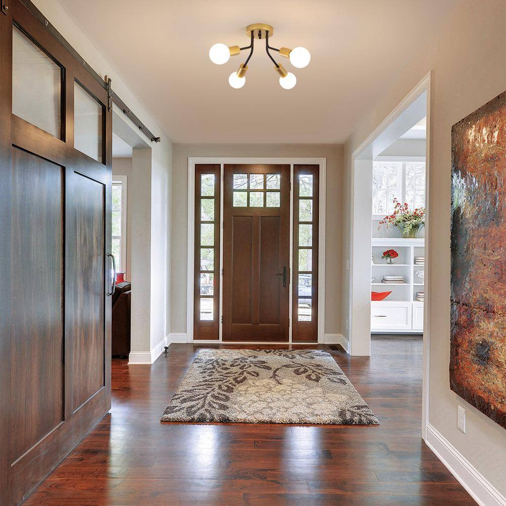 14.76 in. 4-light Black/Gold Modern Linear Semi- Flush Mount for Foyer with No Bulbs Included - Hercitys