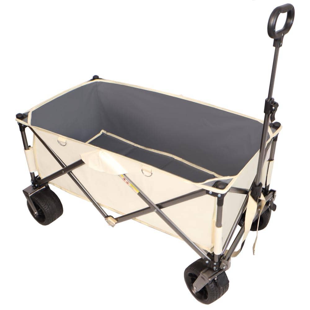 29 cu. ft. Antique White+Gray Steel Folding Wagon, Adjustable Handle & Drink Holders-Convenient Folding Garden Cart - Hercitys