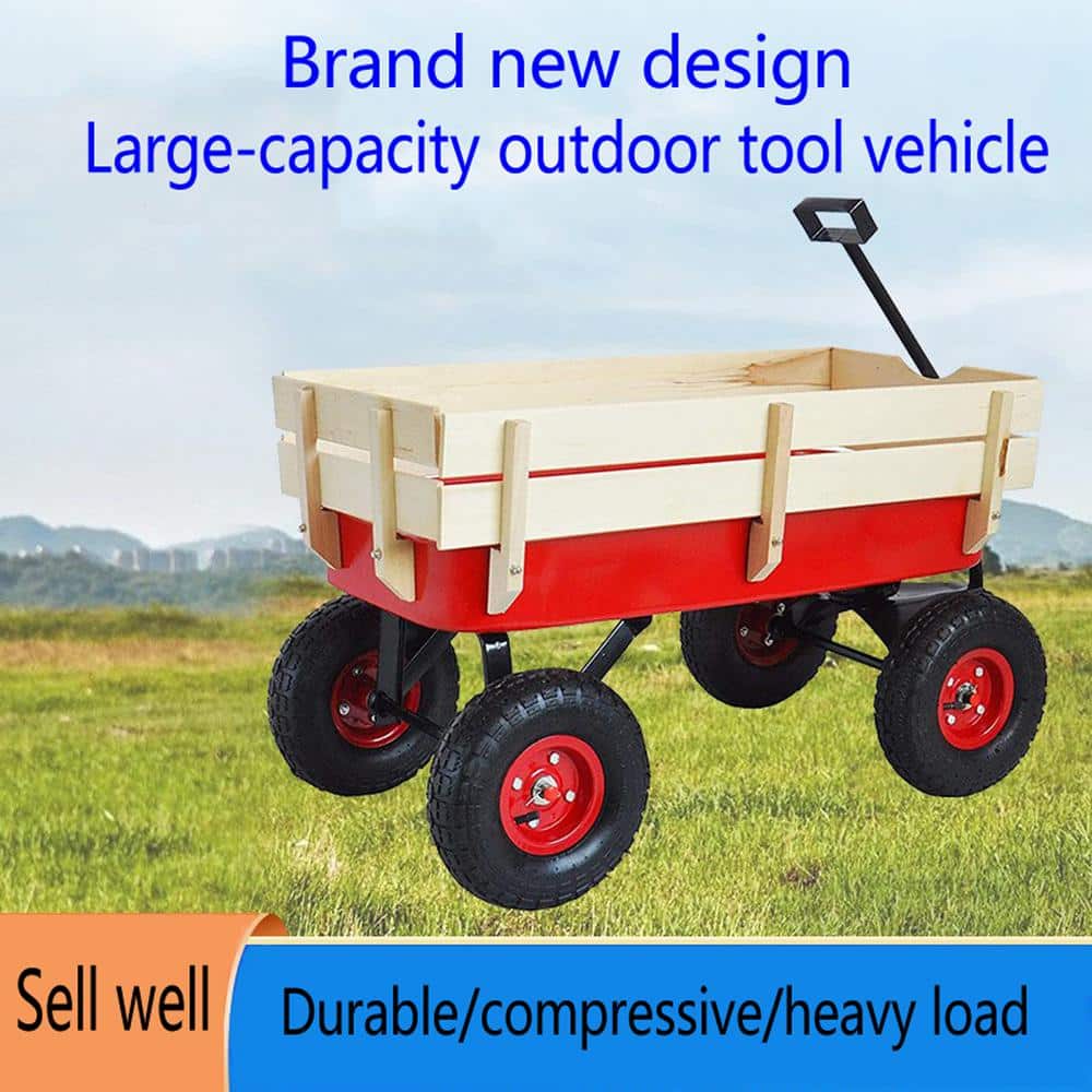 3 cu.ft. Red Metal Outdoor Wagon All Terrain Pulling Railing Air Tires Children Kid Garden Cart - Hercitys