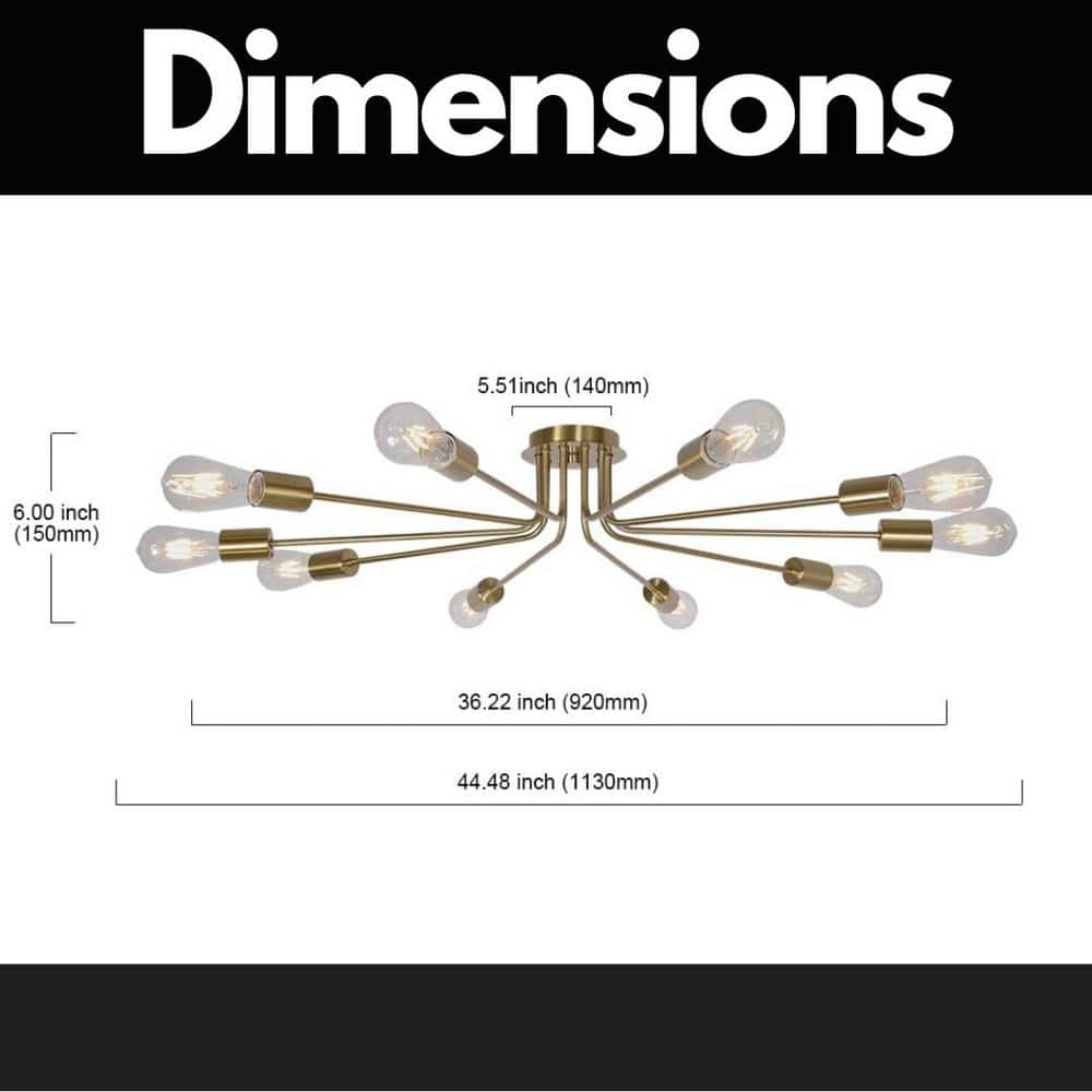 44.48 in. 10-Light Brushed Gold Sputnik Chandelier Ceiling Light Semi Flush Mount Light Ceiling Lamp - Hercitys