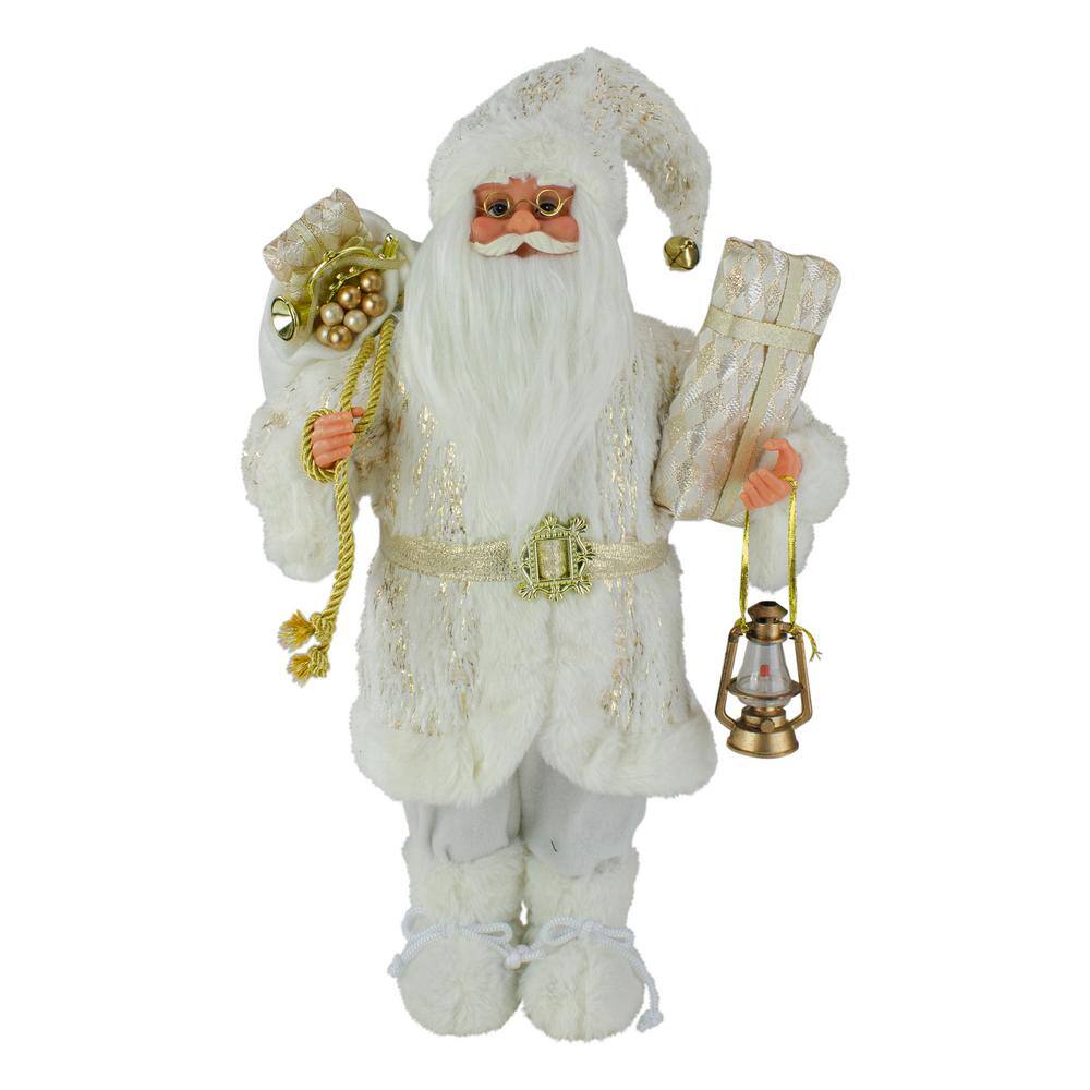12 in. Standing Santa Christmas Figure Dressed in Plush Winter White and Gold - Hercitys