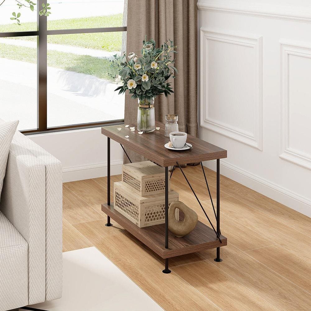 2 Tiers Household Shelving Unit in Walnut Multipurpose Display Rack Freestanding Bookshelf w/Metal Frame - Hercitys