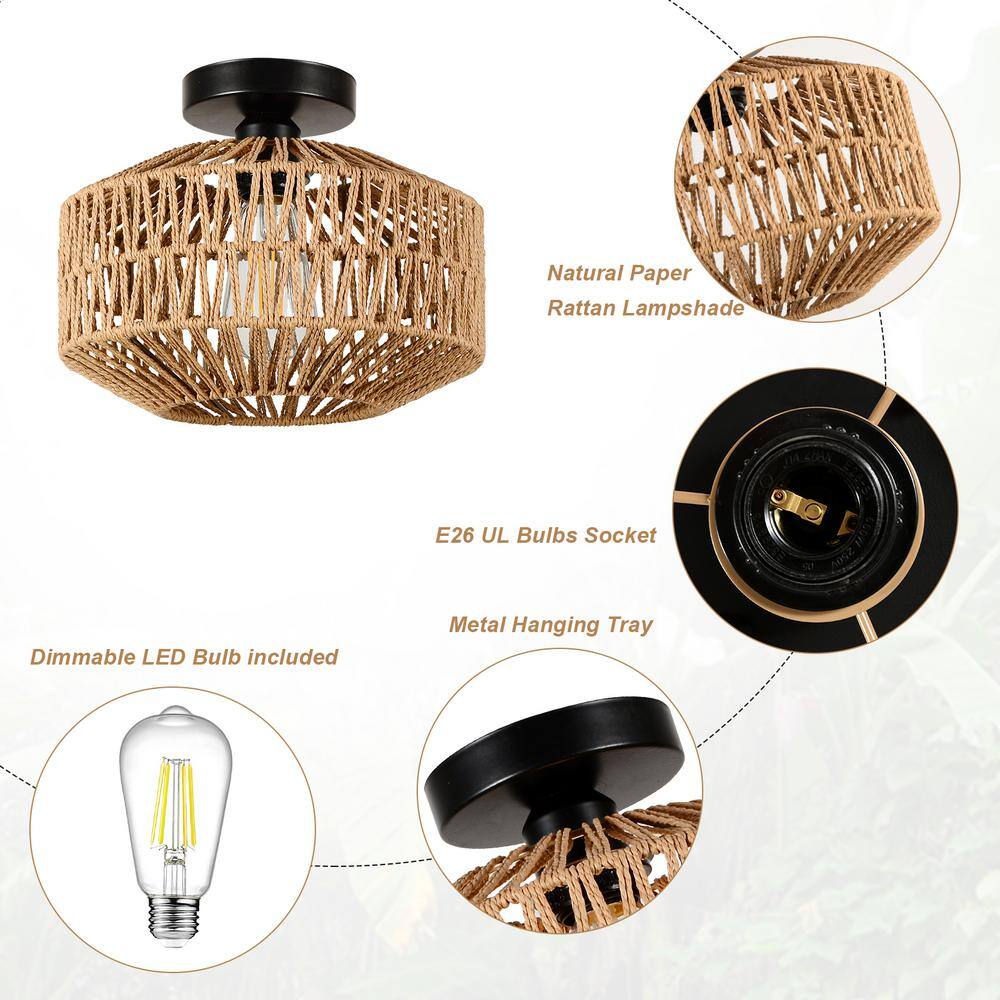 11.8 in. W 1-Light Mini Natural Rattan Chandelier Flush Mount Light with Dimmable LED Bulb - Hercitys