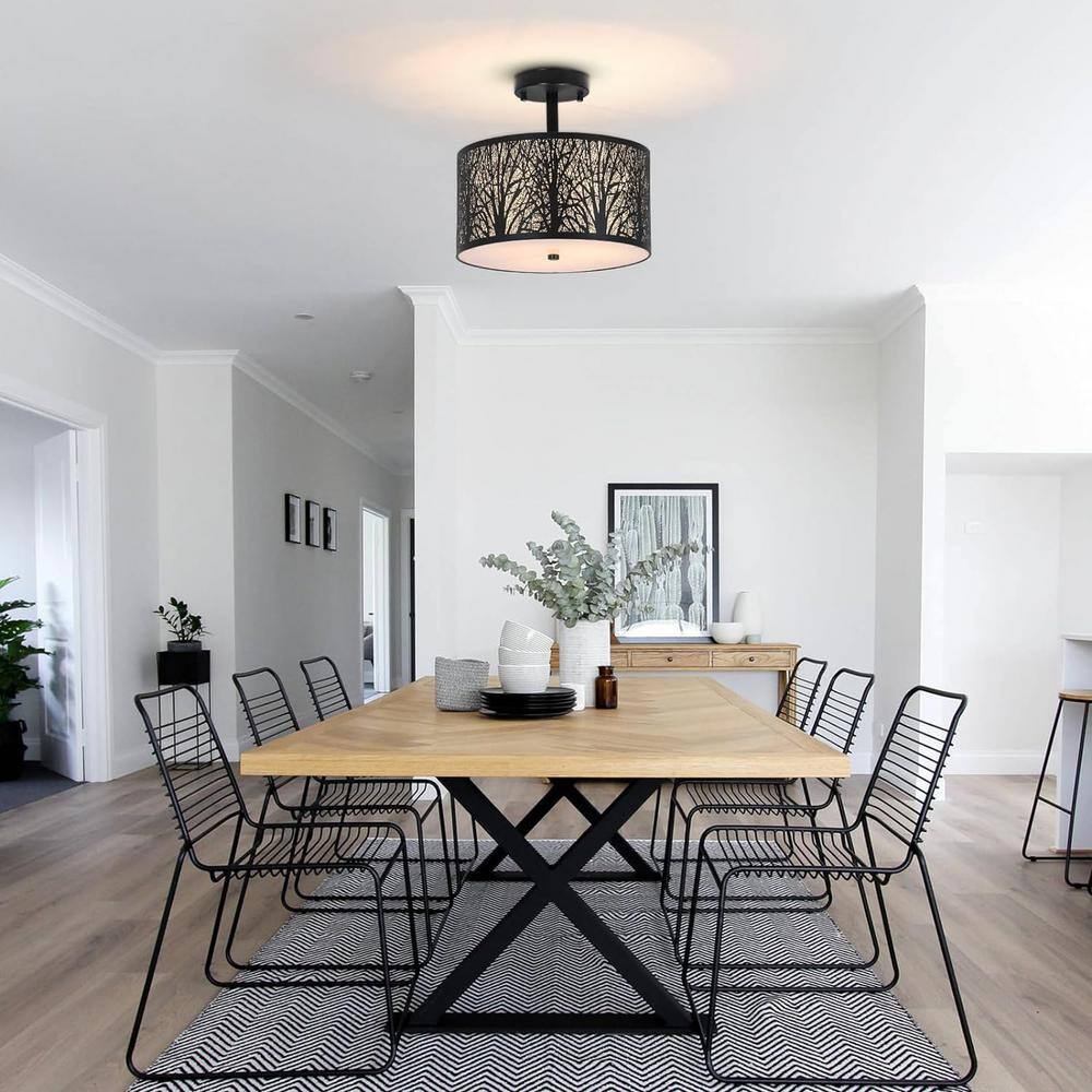 11.8 in. 3-Light Black Drum Light Semi Flush Mount with Etched Pattern Shade - Hercitys