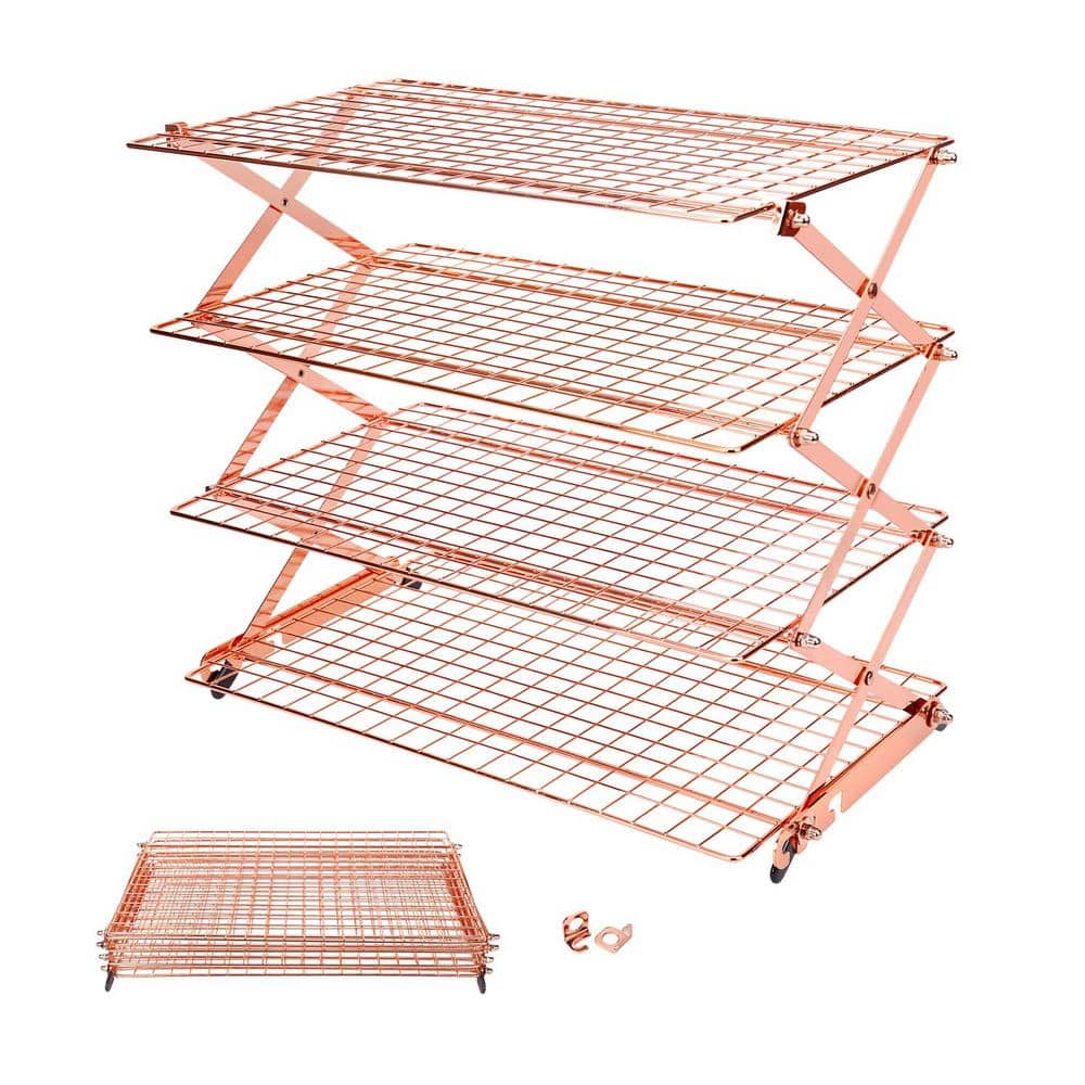 4-Tier RoseGold Collapsible Cooling Rack with Adjustable 3 Setting, Stackable Roasting Cooking Drying Wire Cooling Rack - Hercitys