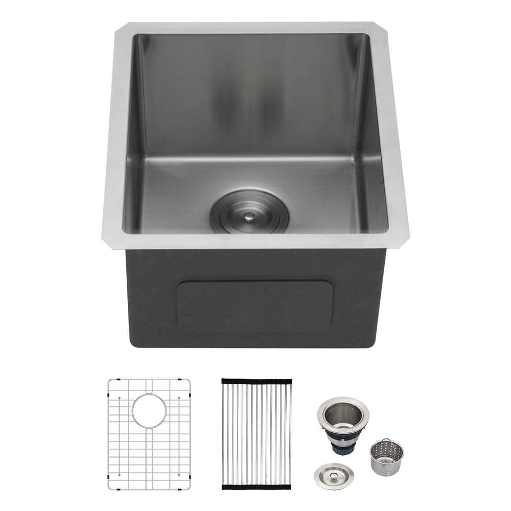 14 in. Undermount Single Bowl 16 Gauge Stainless Steel Kitchen Bar Sink RV Sink with Bottom Grid Drain - Hercitys