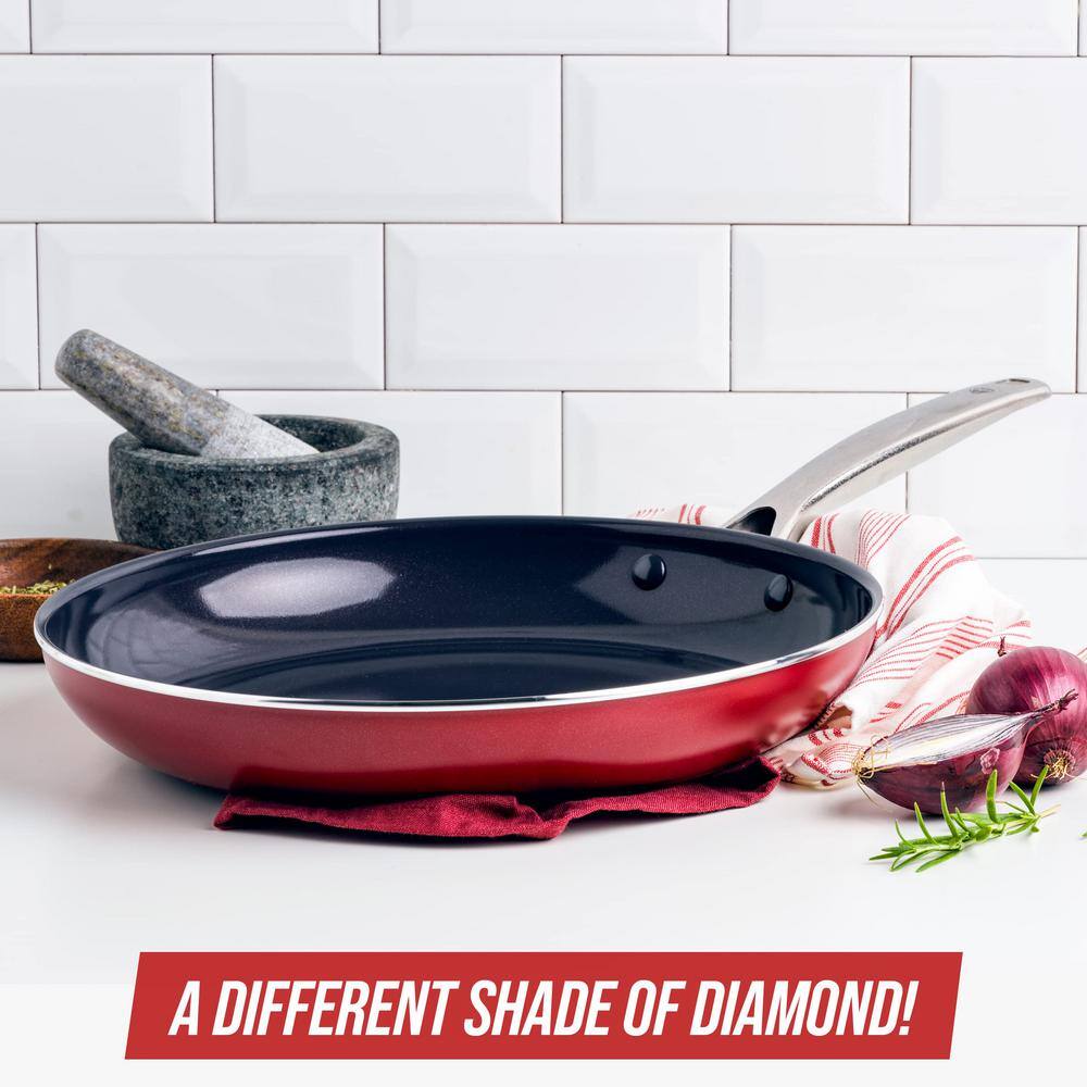 12 in. Aluminum Diamond Infused Toxin-free Nonstick Hard Coating Non-Induction Frying Pan Skillet in Red with Handle - Hercitys