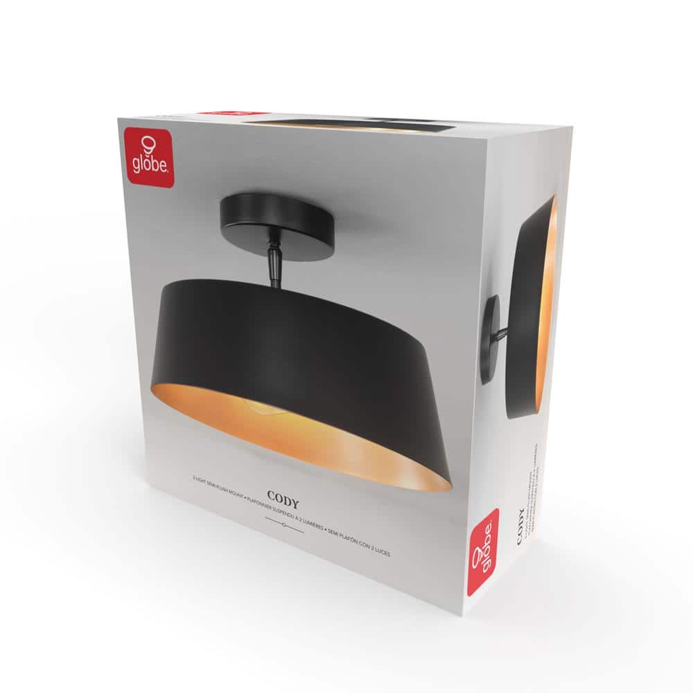 13 in. 2-Light Matte Black Flush Mount Ceiling Light with Painted Gold Interior Shade - Hercitys