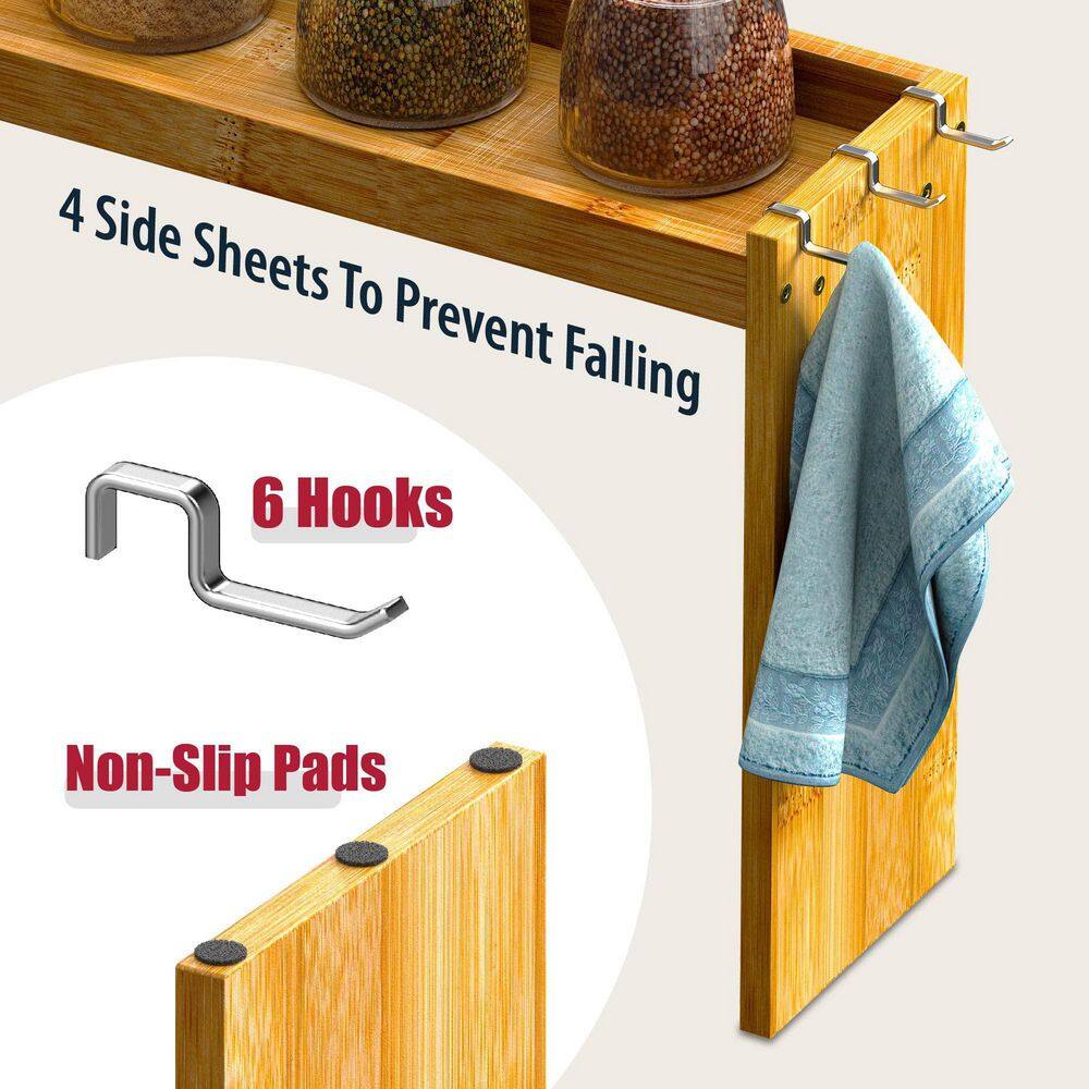 31.5 in. x 4.5 in. x 11.4 in. Bamboo Spice Rack with 6 Hooks, Over the Stove Spice Shelf for Kitchen - Hercitys