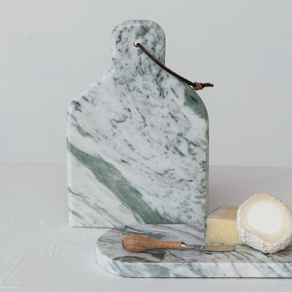 12 in. Green Melange & Natural Marble Cheese and Cutting Boards with Canafe Knife, Handle and Leather Tie (Set of 2) - Hercitys