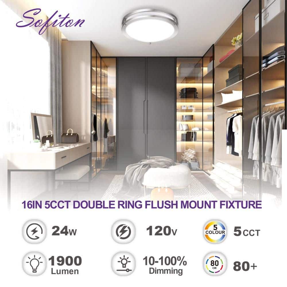 16 in. Modern Double Ring 5CCT Selectable LED Flush Mount Ceiling Light Fixture Brushed Nickel for Kitchen and Bedroom - Hercitys