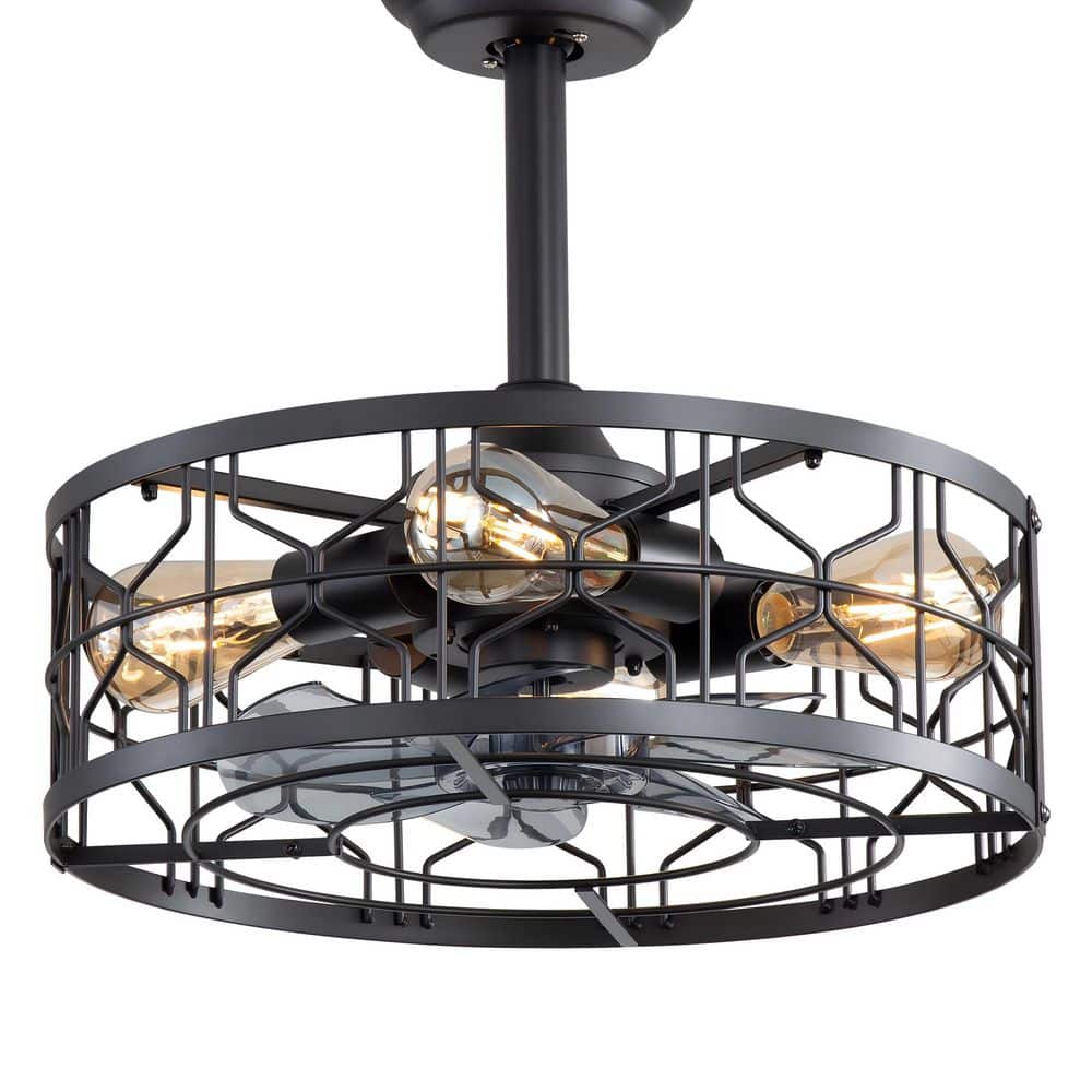 16.5 in. Indoor Matte Black Caged Ceiling Fan with Metal Light Kit and Remote Control Included - Hercitys