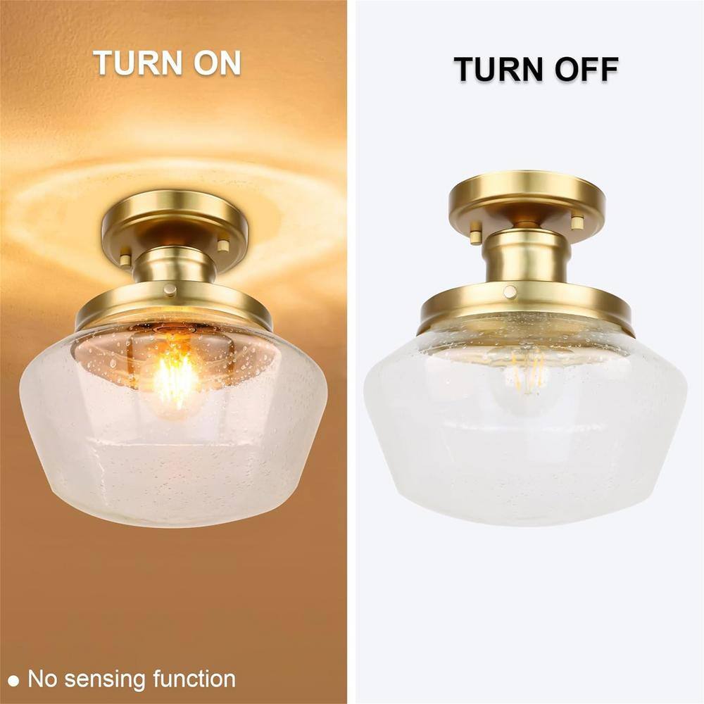 10 in. 1-Light Gold Semi Flush Mount Farmhouse Ceiling Light Fixture with Seeded Glass Shade E26 Bulb Base Ceiling Light - Hercitys