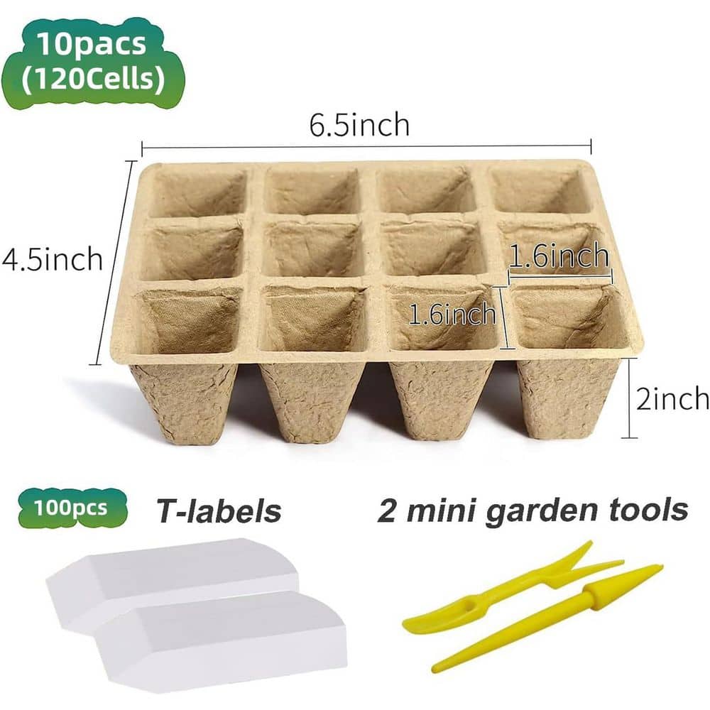 120 Cells Seed Starter Tray Biodegradable Peat Pots Organic Germination Kit Includes Labels Transplant Tools 10-Pack - Hercitys