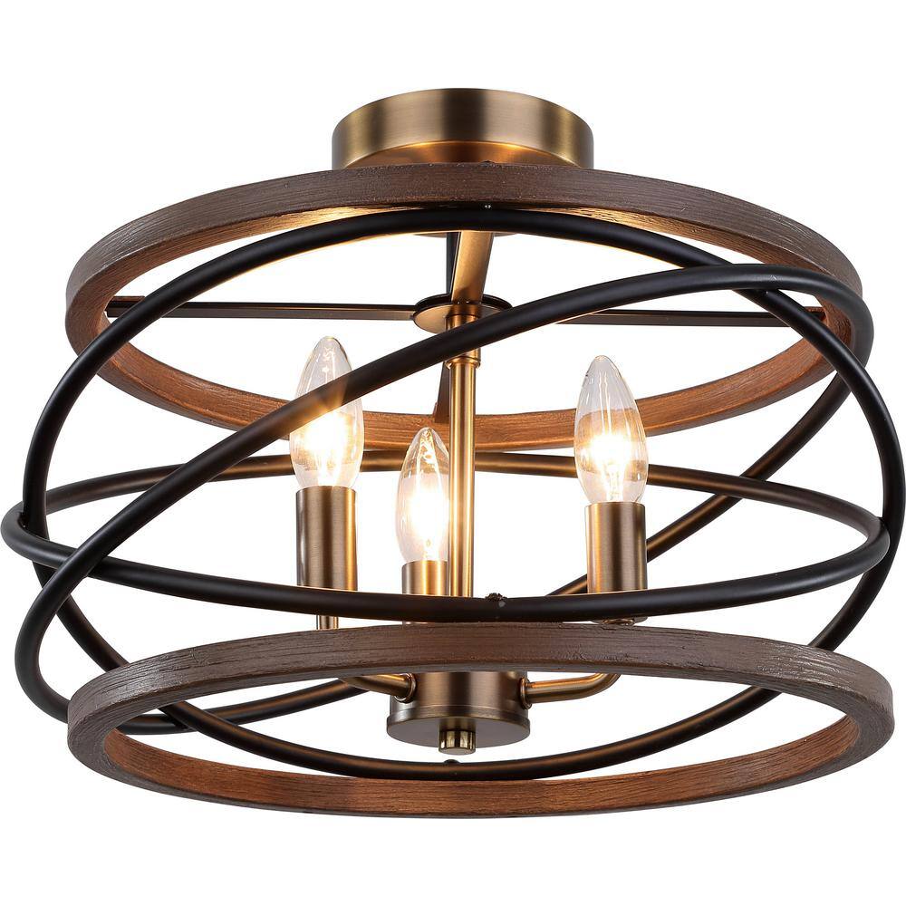 15.75 in. 3-Light Antique Gold and Walnut Ringed Candelabra Semi- Flush Mount - Hercitys