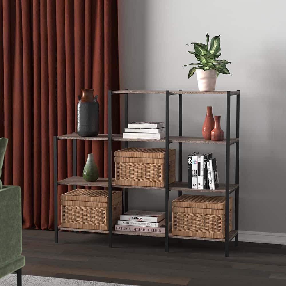 4-Tier Weathered Gray Freestanding Shelving Unit for Living Rooms and Home Offices - Hercitys