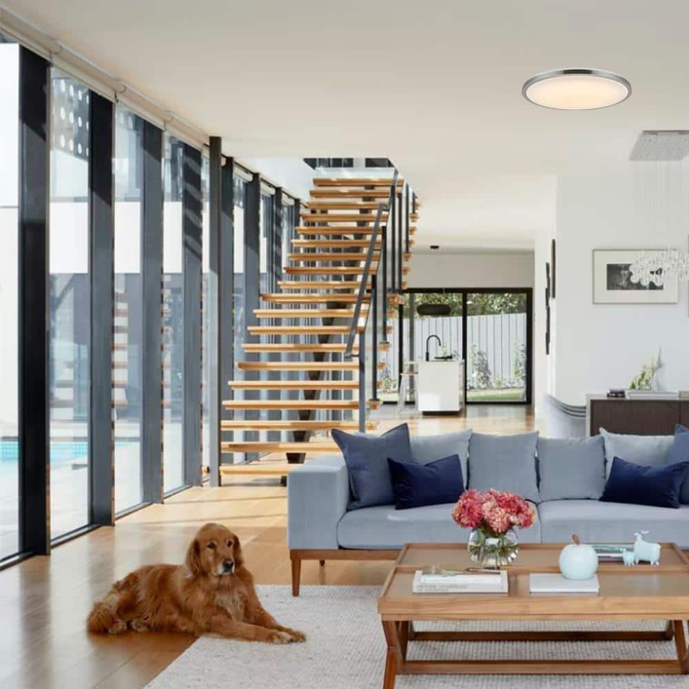 15 in. 75-Watt Modern Brushed Nickel Integrated LED Flush Mount with White Acrylic Shade - Hercitys