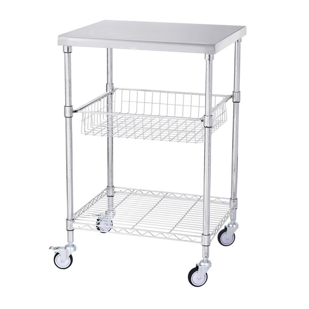 3-Tier Utility Cart Rolling Cart Silver Metal Kitchen Cart with Locking Casters 24″x 20″x 36.6″ 470 lbs. 6 Hooks - Hercitys