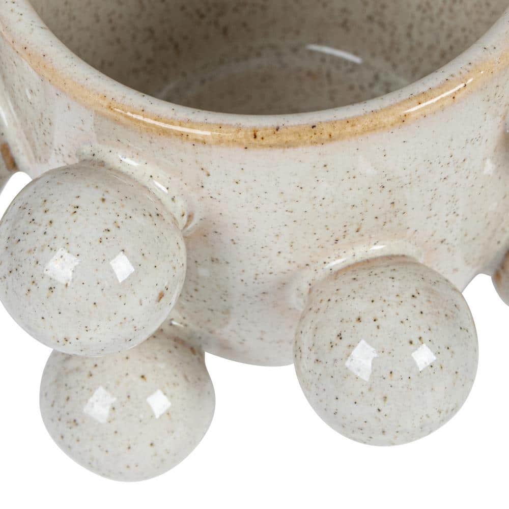4.25 in. L x 4.37 in. W x 2.75 in H 1 qt. Reactive Glaze Cream Color Speckled Stone Decorative Pots with Orbs - Hercitys
