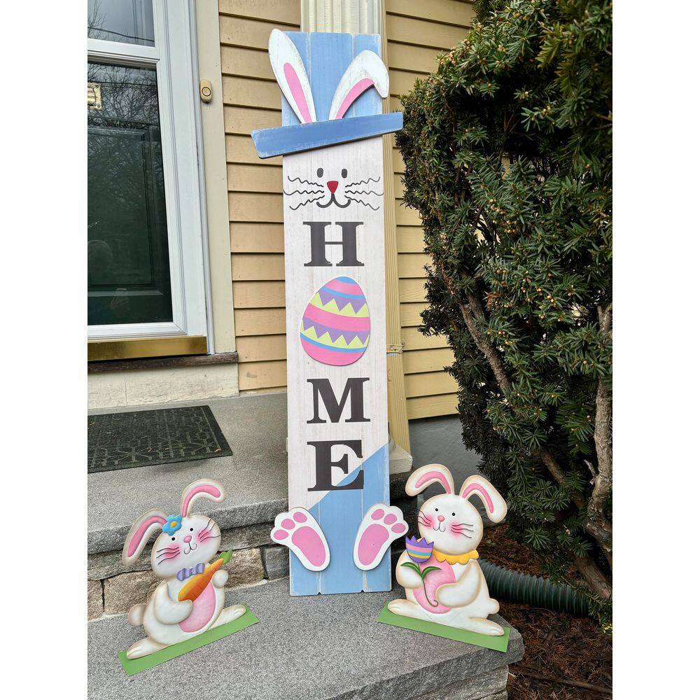 12 in. Metal Tabletop Easter Bunny Holding Flower and Carrot, Set of 2 - Hercitys