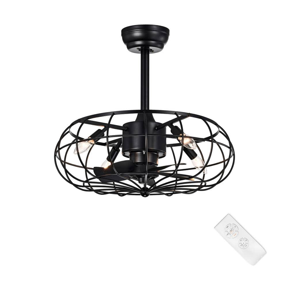 21 in. Industrial Indoor Matte Black Cage Reversible Ceiling Fan with Light Kit and Remote Control - Hercitys