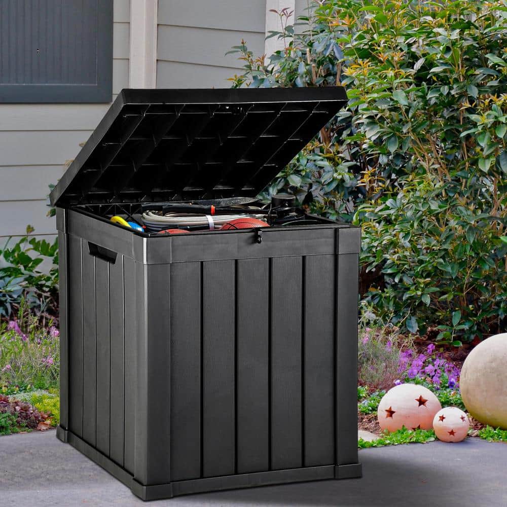 51 Gal. Black Resin Deck Box Outdoor Storage Box with Lockable Lid - Hercitys