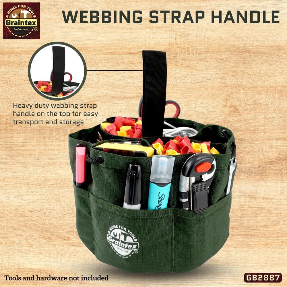 10 in. 18-Pockets Grab Tool Bag with Drawstring Closure in Hunter Green Canvas - Hercitys