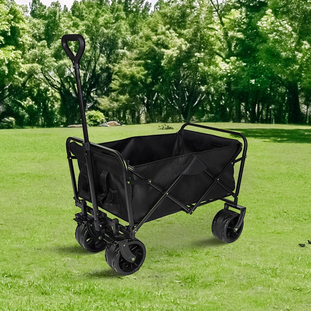 3.5 cu. ft. Black Metal Collapsible Folding Beach Wagon Garden Cart with Big Wheels - Hercitys