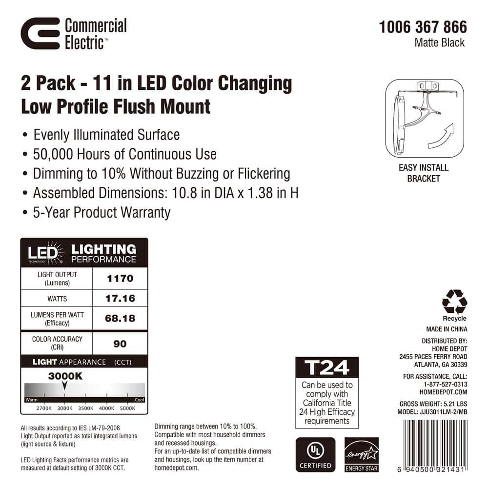 11 in. Matte Black 3-CCT LED Round Flush Mount, Low Profile Ceiling Light (2-Pack) - Hercitys