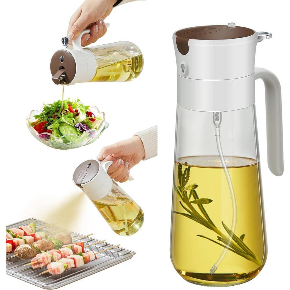 2 in. 1-Glass Olive Oil Dispenser Bottle Oil Sprayer 18 oz. for Kitchen Cooking in White (1-Pack) - Hercitys