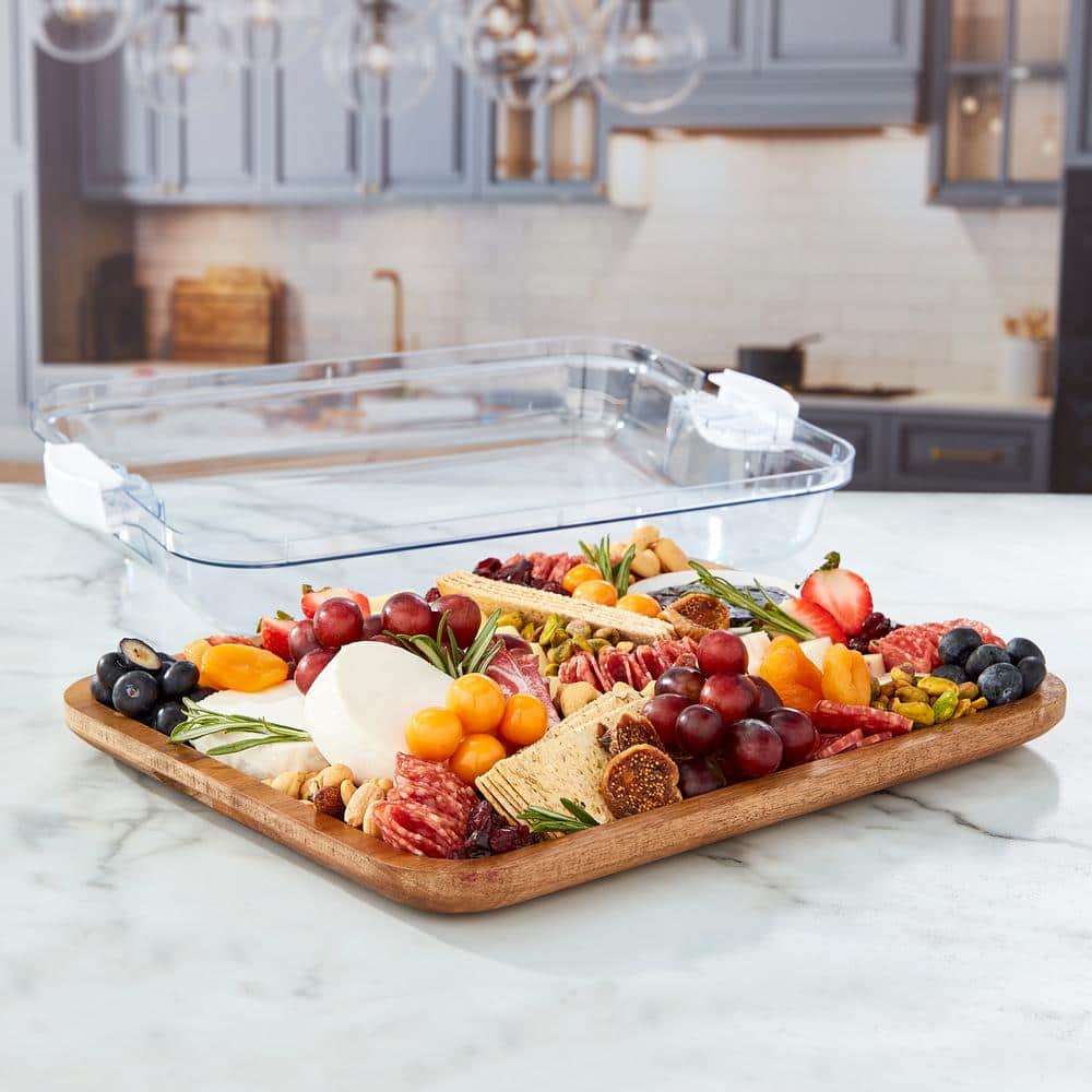 11 x 14 in. Build-A-Board Acacia Cutting Board with Built-in Compartments and Clear Locking Lid with White Handles - Hercitys