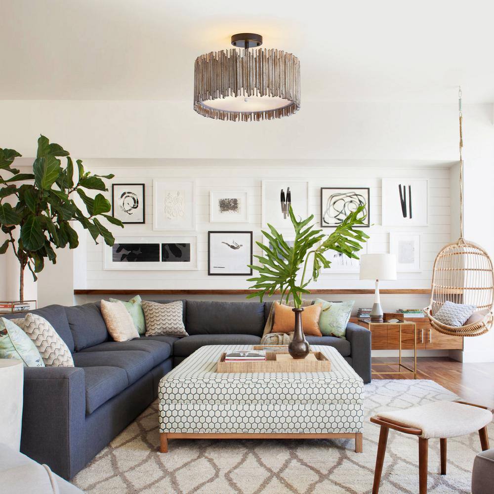 15.5 in. 3-Light Black Farmhouse Semi-Flush Mount With Wood Shade - Hercitys