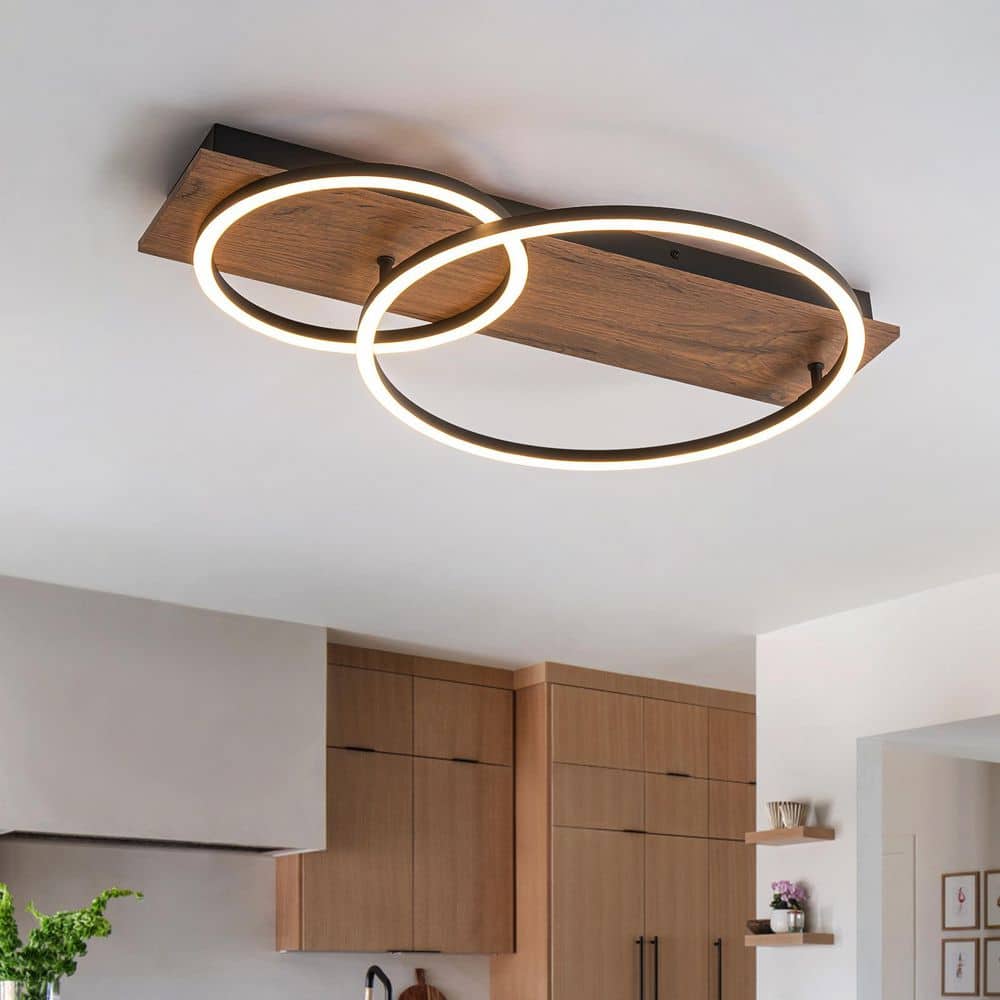 23.6 in. 2-Light Farmhouse Wood Integrated LED Flush Mount Ceiling Light - Hercitys
