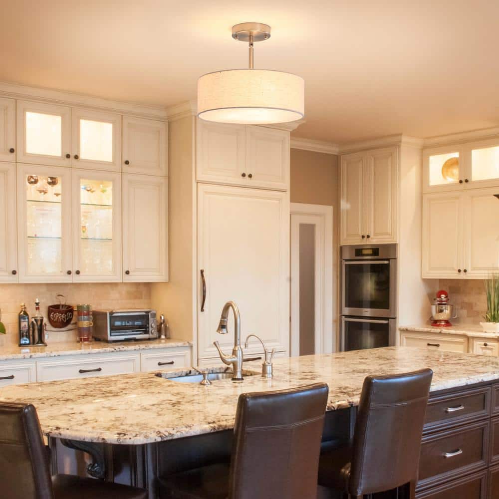 12.6 in. 3-Light Nickel Drum Linen Blend Semi Flush Mount Ceiling Light with White Fabric Shade and No Bulbs Included - Hercitys