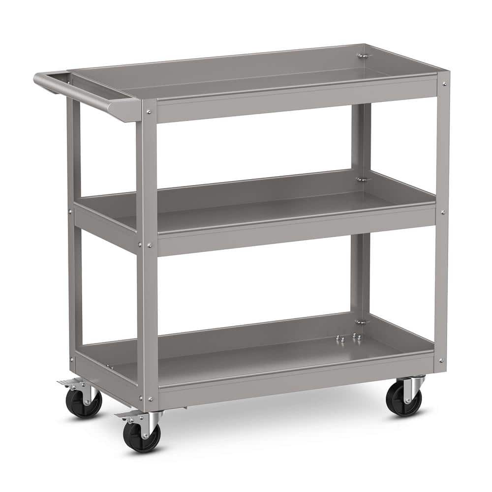3-Tier Metal Utility Cart 400 lbs. Storage Service Trolley Tool Storage in. Gray - Hercitys
