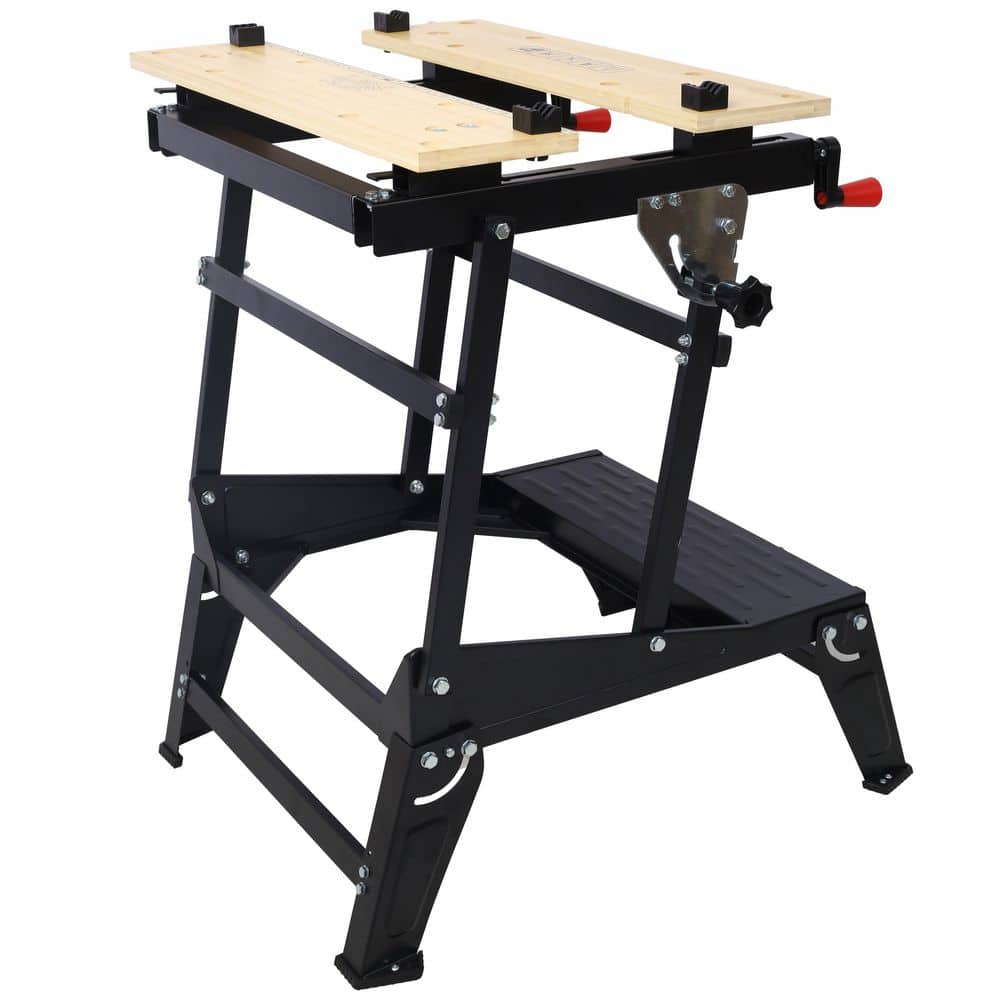23.8 in. W x 27.7 in. D Portable Foldable Black Workbench Table with Wood Top, Jaws, Vertical Clamping, Rotating Pins - Hercitys
