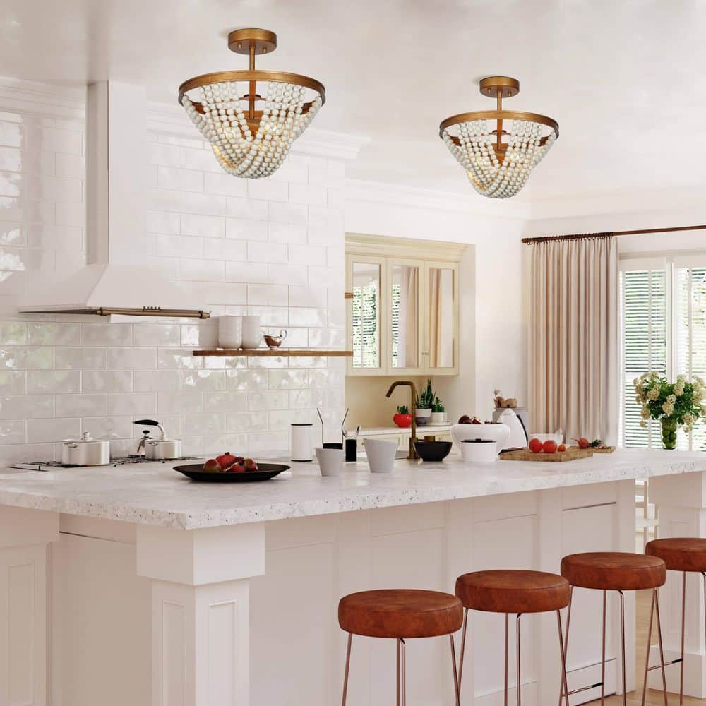 13.8 in. 2-Light Antique Gold Semi-Flush Mount Light with Weathered White Wood Beads - Hercitys