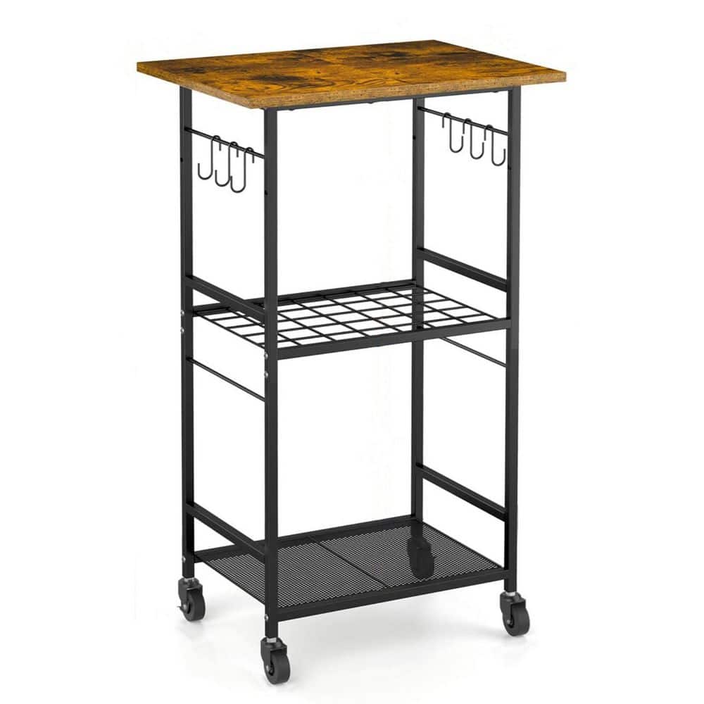3-Tier Black and Brown Rolling Kitchen Microwave Cart with Wheels and Hooks, Microwave Table Stand with Adjustable Shelf - Hercitys
