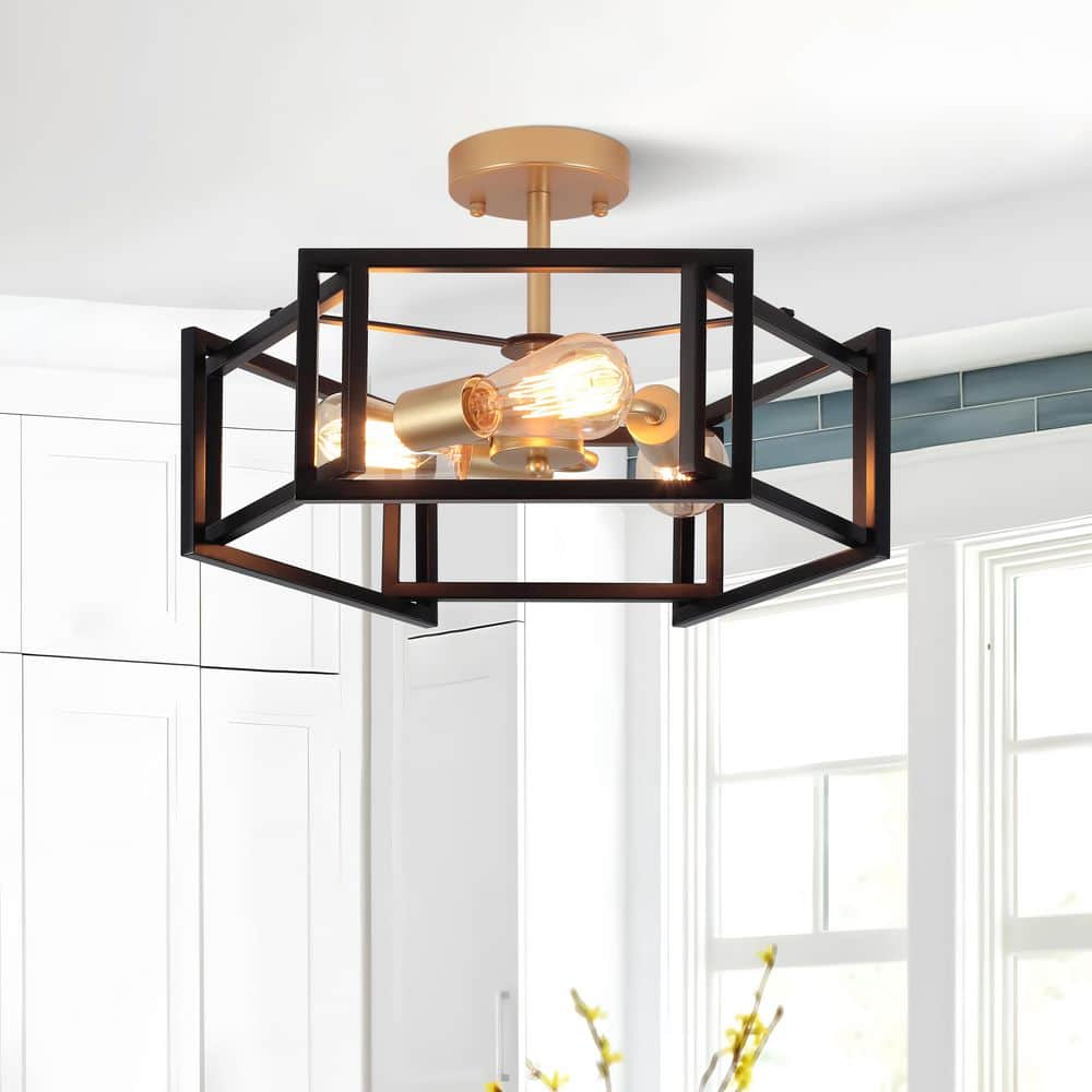 18.11 in. 3 Light Black and Gold Modern Farmhouse Hexagon Semi-Flush Mount Ceiling Light - Hercitys