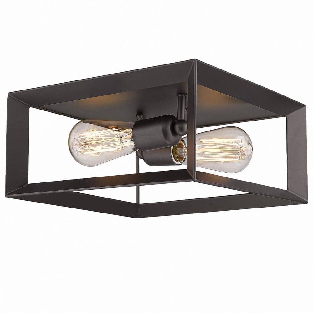 2-Light Black Farmhouse Caged Square Flush Mount Industrial Vintage Ceiling Lighting - Hercitys